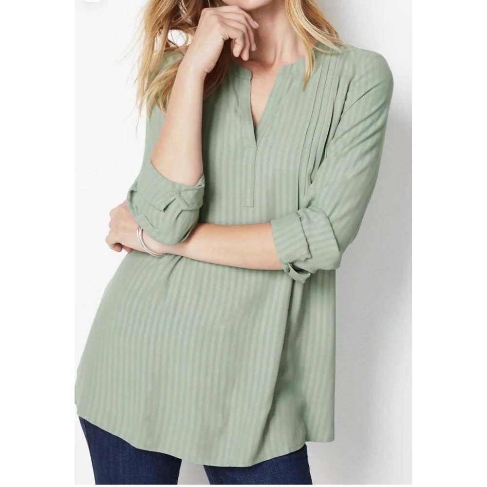 J.Jill Women Pintucked Popover Tunic Color Mineral Sage Green Size LP Large Top